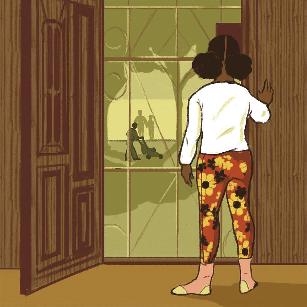 An illustration of a young Black girl wearing colorful, floral-patterned pants, looking out the front door of a house over a scene of a man mowing his lawn and being confronted by two police officers.