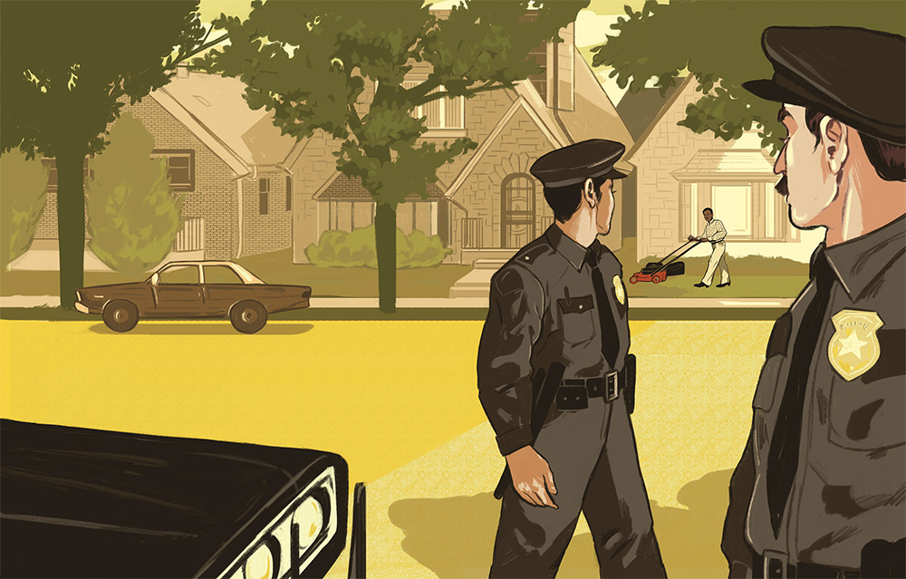 Illustration of two white police officers staring at a Black man mowing a lawn on a suburban street.